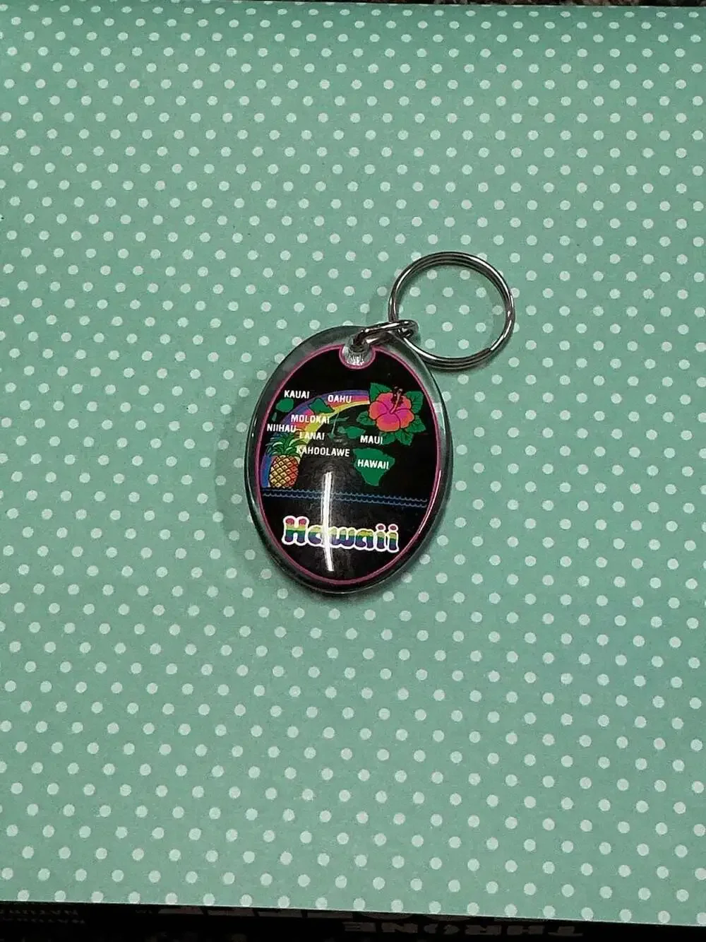 Vintage Hawaii Souvenir Acrylic Keychain with Map, Pineapple, and Rainbow Design